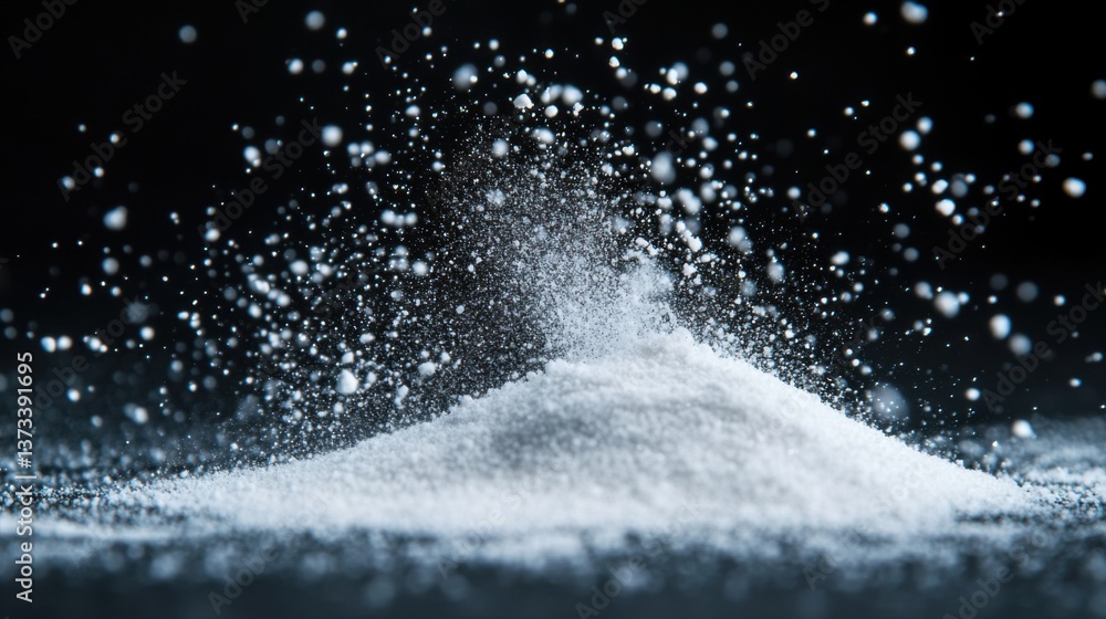 Poster a close-up of a sugar pile, with a fine dusting effect, creating a dynamic visual against a dark bac