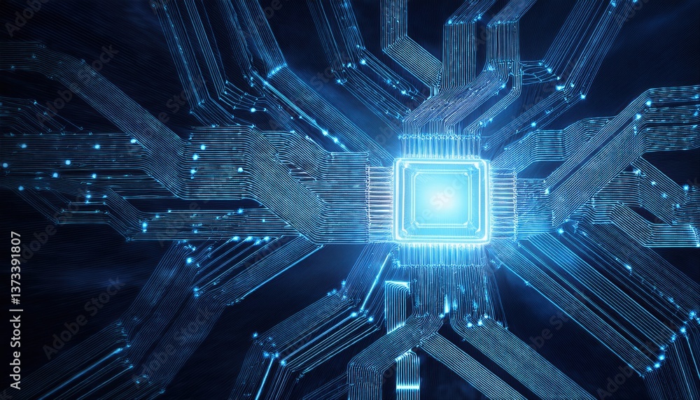 Poster glowing blue light on circuit board representing blockchain network and central ai core security ele