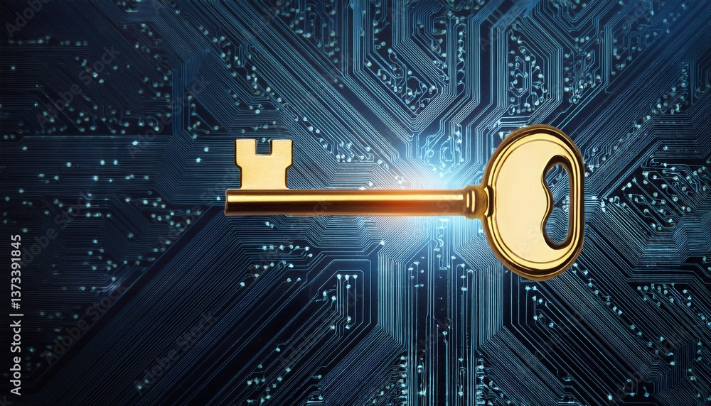 Poster glowing golden key above circuit board representing ai security and innovative access control system