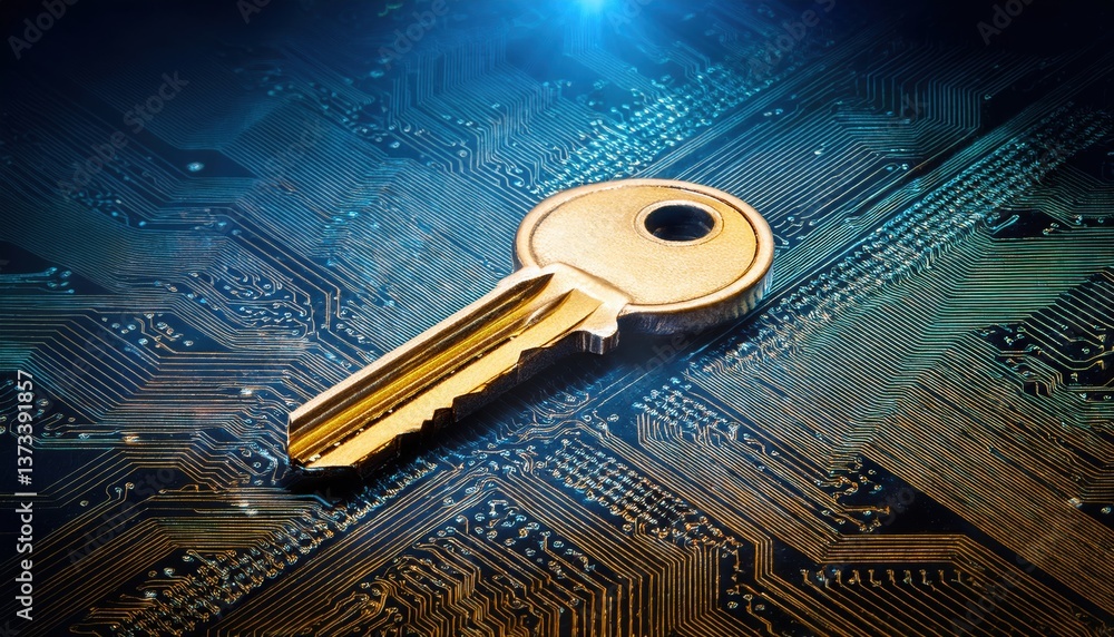 Poster golden key hovering above intricate circuit board symbolizing ai security and access control solutio
