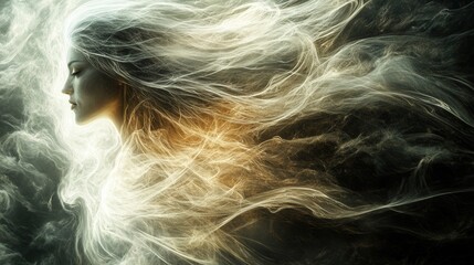 Ethereal portrait of a woman with flowing hair, surrounded by swirling light and mist, creating a dreamlike, mystical atmosphere.