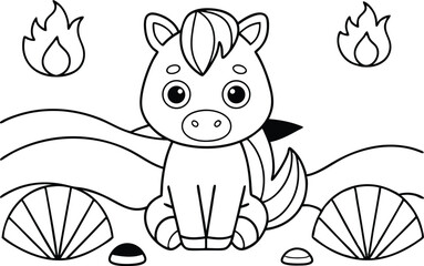 Cartoon Horse Sitting with Shells and Fire Outline, Simple Line Art Design