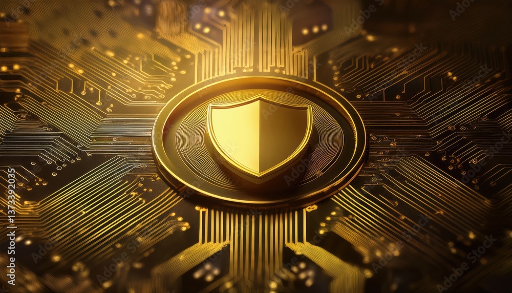 Poster golden shield embedded in circuit board representing protection and security in digital landscape