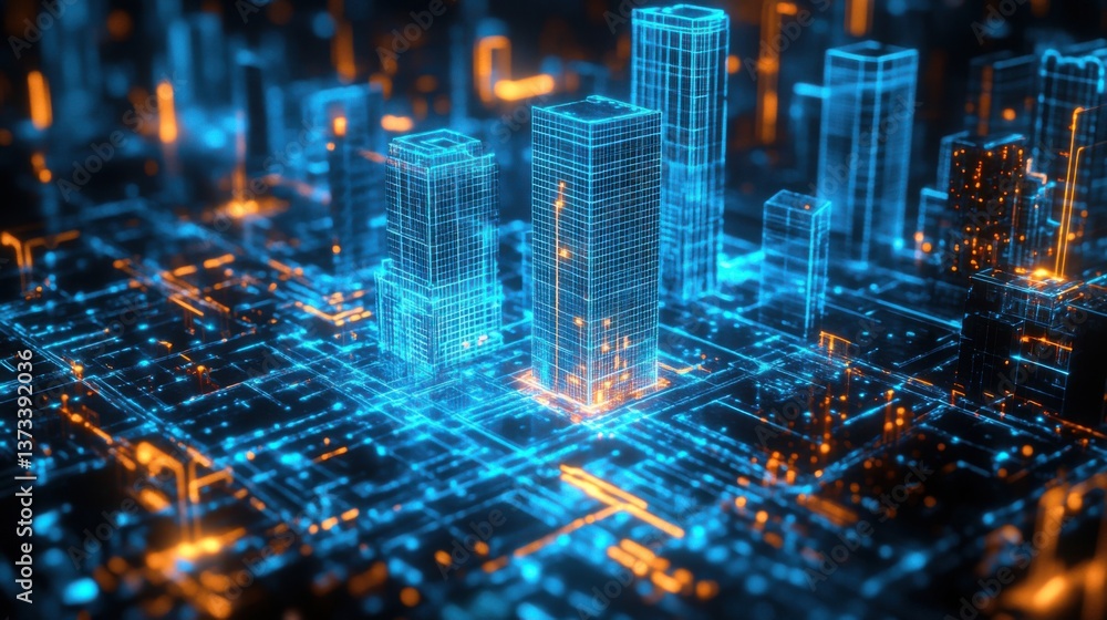 Poster a futuristic cityscape with glowing buildings and intricate circuit-like patterns, representing adva