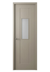 Modern interior door with vertical slats and frosted glass panel on a white backdrop
