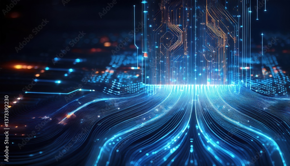Aufkleber circuit with blue light and holographic data flow representing efficiency in modern technology desig
