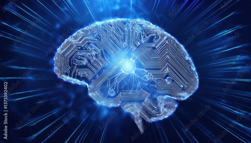 Poster semi-transparent ai brain with pulsating glowing synapses floating in deep blue digital background