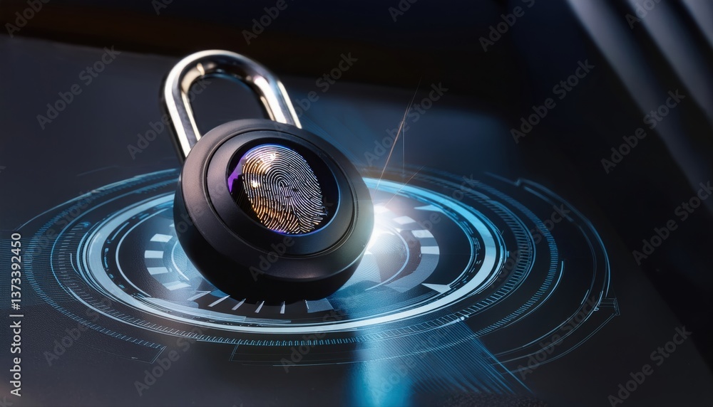 Poster sleek ai-powered lock with glowing biometric scan in progress symbolizing security and protection