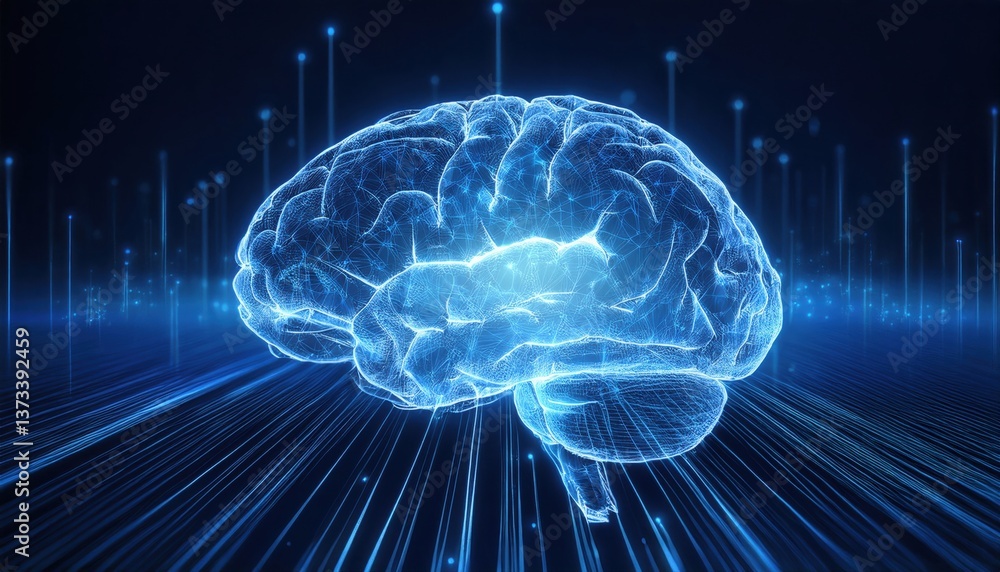 Poster semi-transparent ai brain with pulsating glowing synapses floating in deep blue digital atmosphere