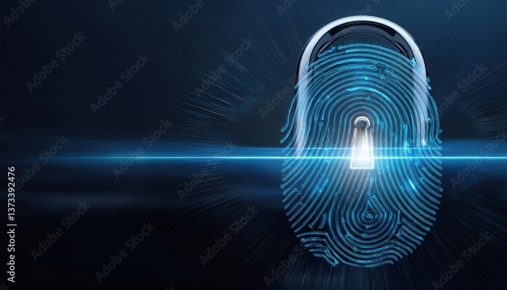 Poster sleek ai-powered lock with glowing biometric scan in progress symbolizing security and safety