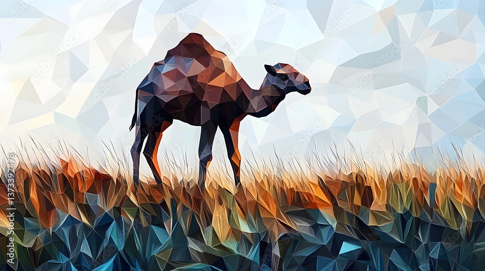 Poster geometric minimalist illustration of a camel featuring clean lines and a unique design in a contempo