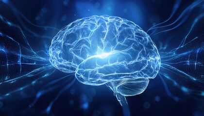 Obraz premium Semi-transparent ai brain with pulsating glowing synapses against a deep blue digital background
