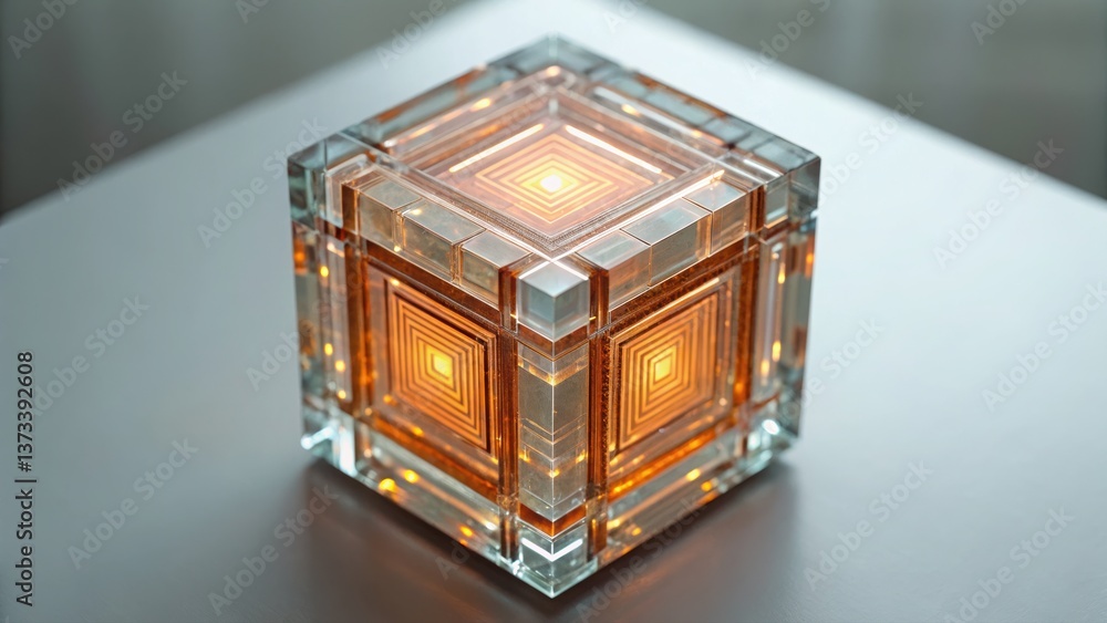 Poster floating semi-transparent glass cube with glowing edges representing data visualization and innovati