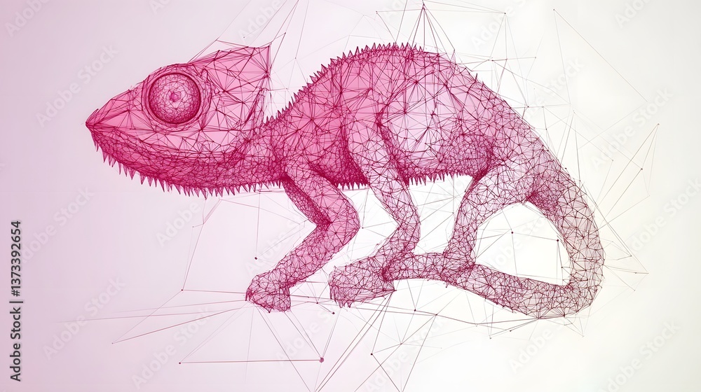 Poster outline illustration of a chameleon composed of triangles in a unique geometric design with a minima