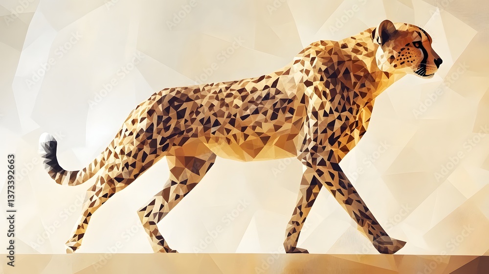 Poster minimalist abstract polygon design of a cheetah featuring a unique artistic style with emphasis on g