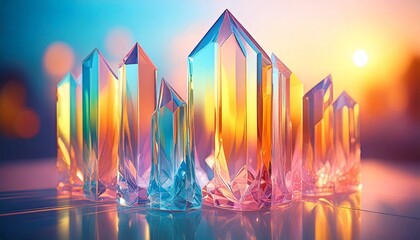 夕焼けに輝くクリスタル、光を受けた結晶、幻想的なガラスの塔、カラフルな鉱石の風景、透明なクリスタルオブジェ、夕陽とファンタジーアート、黄金色の背景と結晶、魔法の世界のオブジェ、色彩豊かな透明結晶、デジタルアートの宝石
