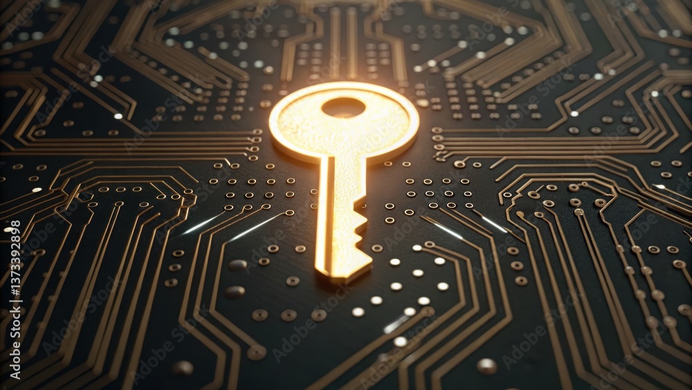Poster a glowing golden key hovering above an intricate circuit board representing security and access cont