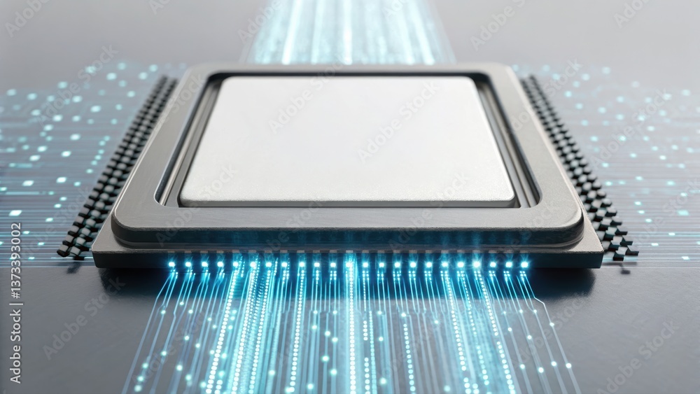 Poster a central processing unit surrounded by a holographic stream of data flowing seamlessly through circ