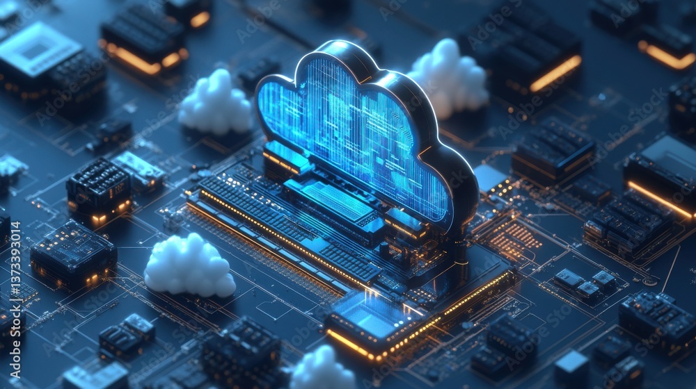 Poster a futuristic representation of cloud computing, featuring a glowing cloud icon amidst a network of c