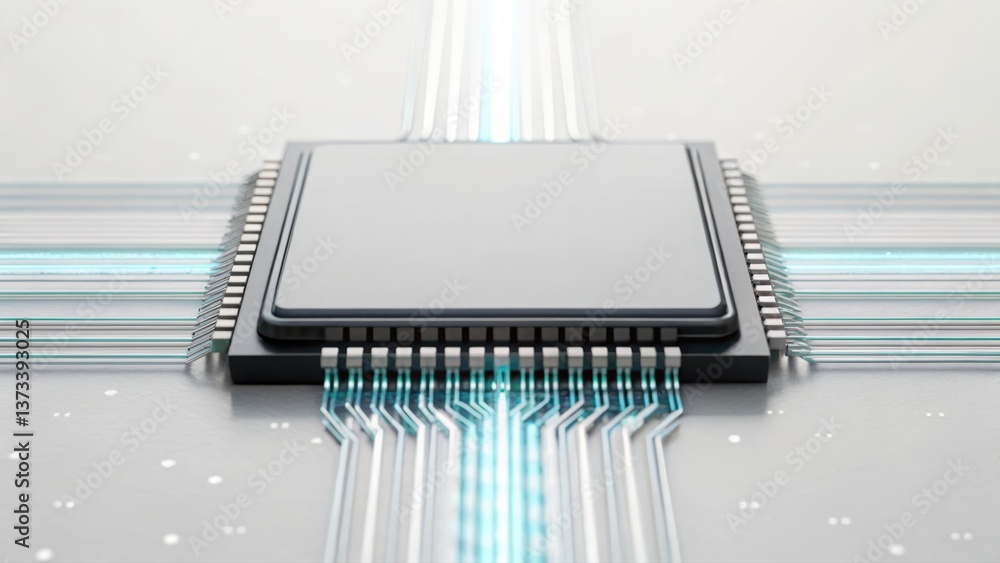 Poster a central processing unit with a blue light emitting from it representing advanced technology and in