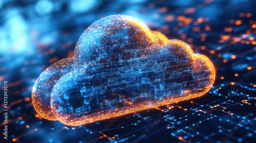 Poster a vibrant digital cloud with glowing circuits, symbolizing cloud computing and technology.
