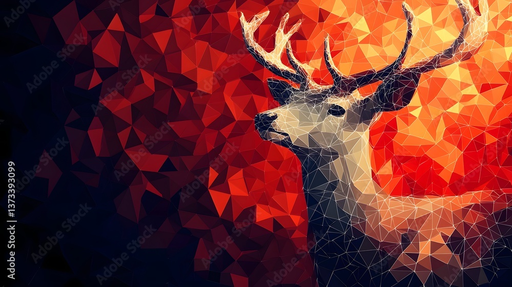Poster abstract polygon design of a majestic deer set against a bold red background creating a stunning vis