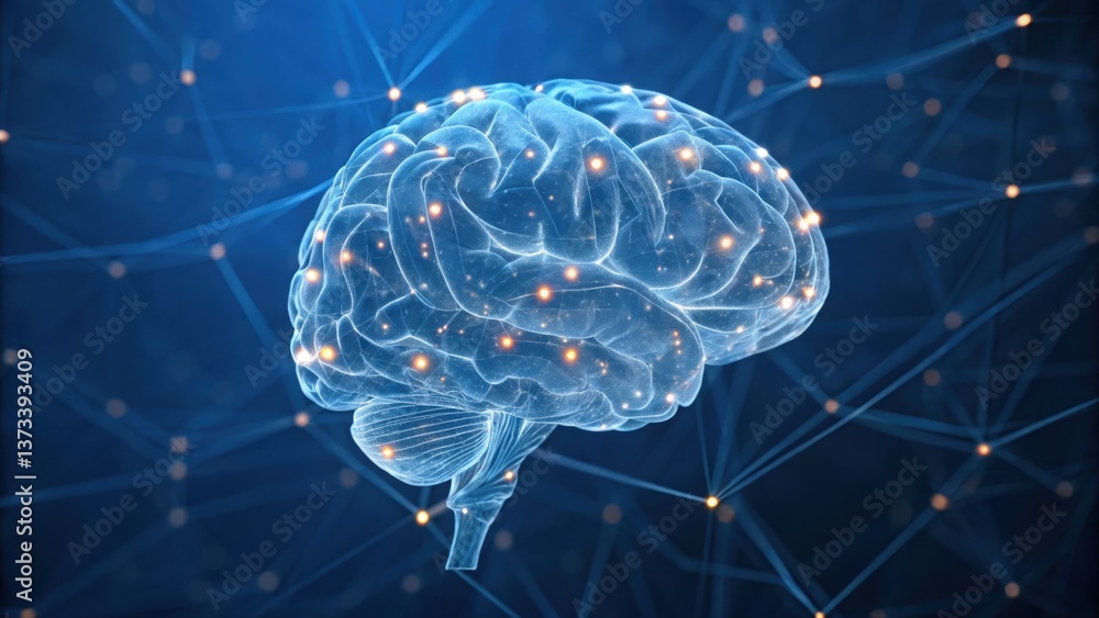 Poster semi-transparent ai brain with pulsating glowing effects showcasing neural connections and activity