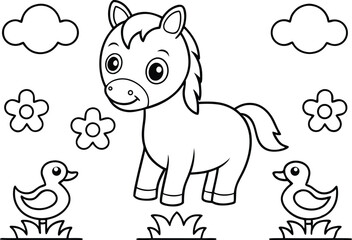 Line art Pony with Ducks Flowers and Clouds Outlined on Transparent Background