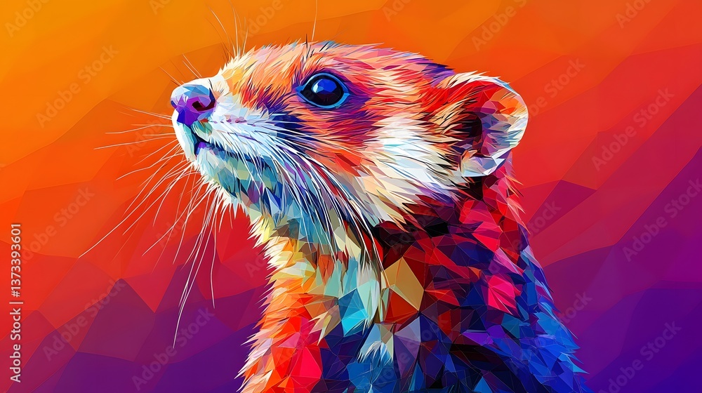 Poster charming ferret portrayed in colorful minimalist abstract polygon design with realistic features