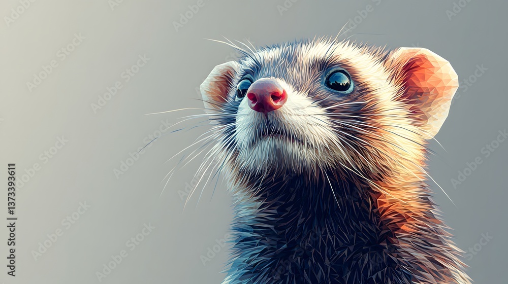 Poster artistic representation of a ferret in minimalist geometric polygon style set against a simple backg