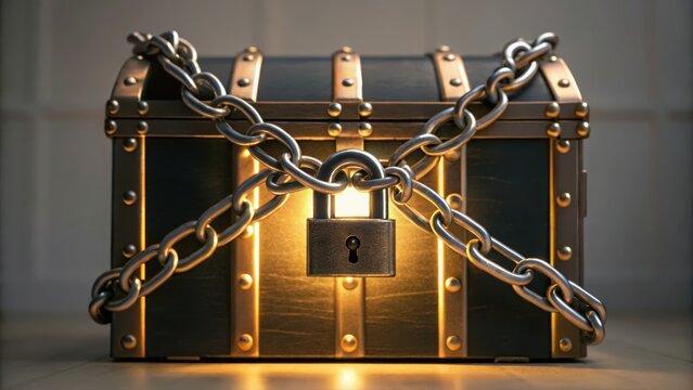 Sturdy lock and chain wrapped around a treasure box symbolizing security and protection of valuables