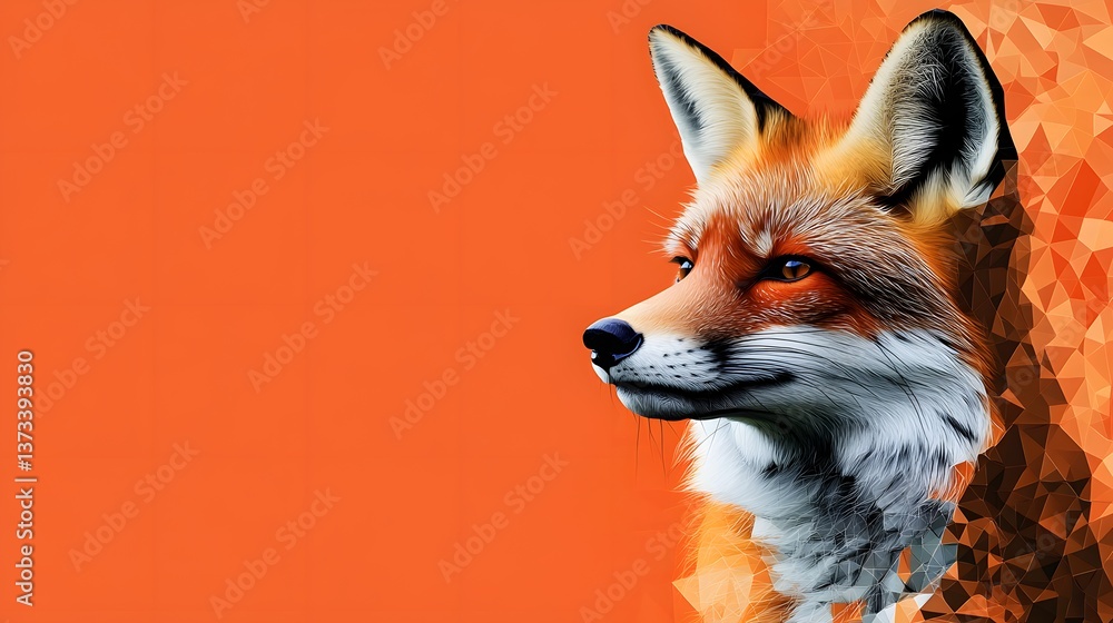 Poster abstract polygon design of a fox in a minimalist style with realistic features and vibrant geometric
