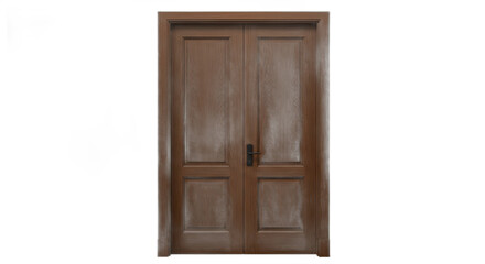 Elegant dark brown wooden double door against a pristine white backdrop