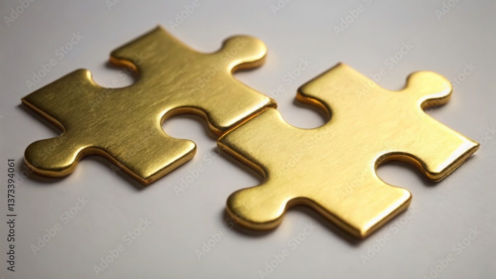 Poster two golden puzzle pieces interlocking perfectly to symbolize unity and cooperation in problem solvin