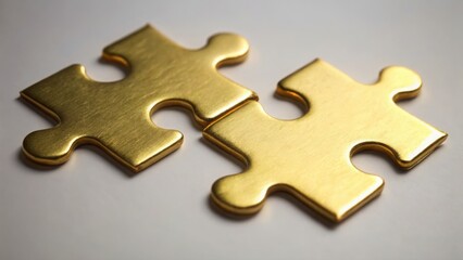 Fototapeta premium Two golden puzzle pieces interlocking perfectly to symbolize unity and cooperation in problem solving