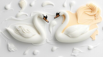 Obraz premium Elegant Cream Swans Whipped Cream Dessert Romantic Food Art