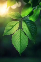 Fototapeta na wymiar Sunlit Green Leaves Photography: Close-up of Lush Foliage, Natural Beauty, Dark Green Backdrop
