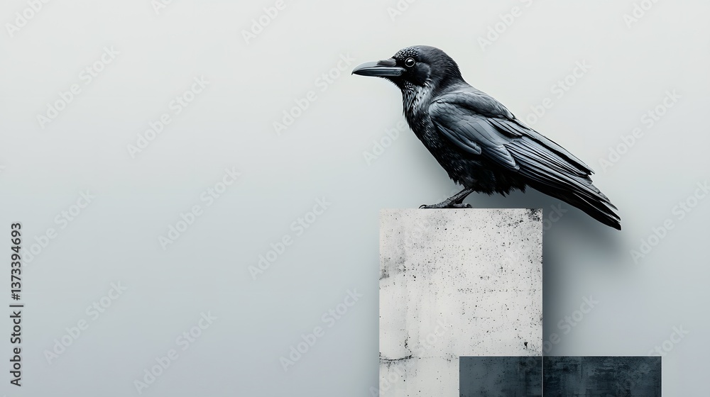 Poster realistic geometric abstract illustration of a bird perched on a concrete block capturing unique art