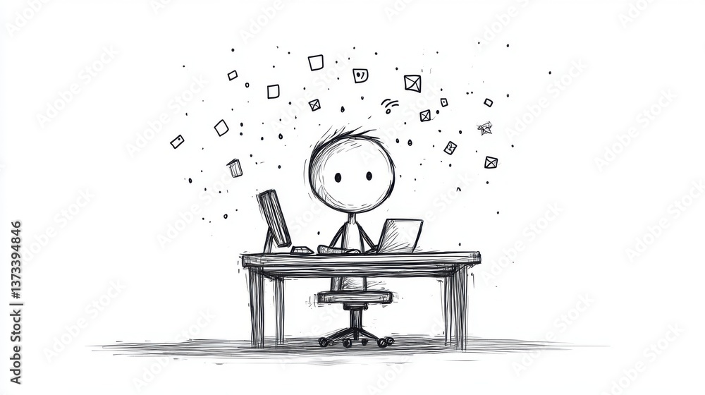 Poster a doodle of a stick figure sitting at a desk with a computer, surrounded by floating symbols, convey