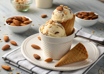 Vanilla almond ice cream topped with whole almonds and mint 