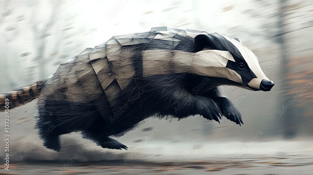 Poster adorable badger in motion running through the forest captured with realistic minimalist geometric il