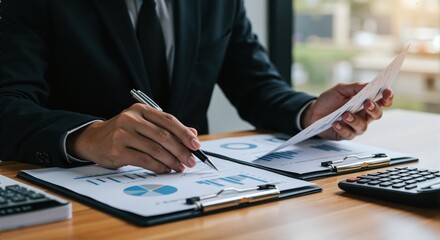 Businessman analyzing reports at a desk with graphs  