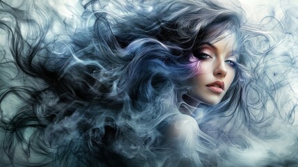 Fototapeta premium A mystical portrait of a woman with flowing hair, surrounded by ethereal wisps, evoking a sense of beauty and enchantment.