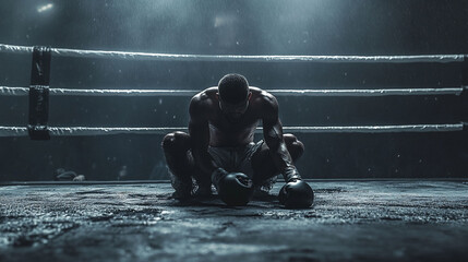 Defeated Boxer in Dimly Lit Ring