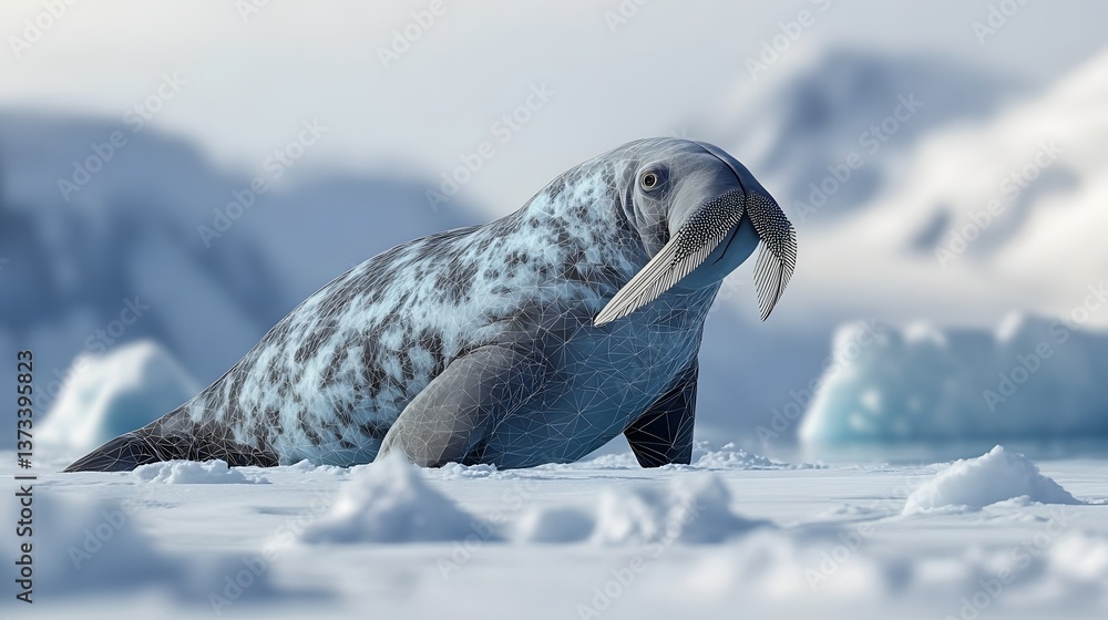 Poster captivating geometric minimalist illustration of a seal resting on ice with soft lines and colorful 