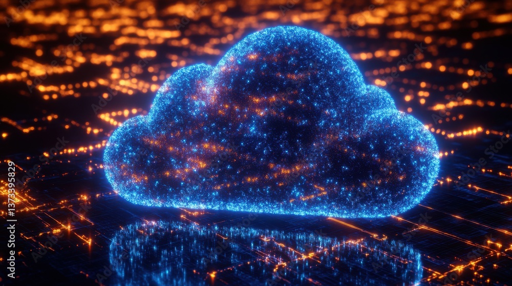 Poster a glowing, digital cloud floats above a network of illuminated circuitry, symbolizing data storage a