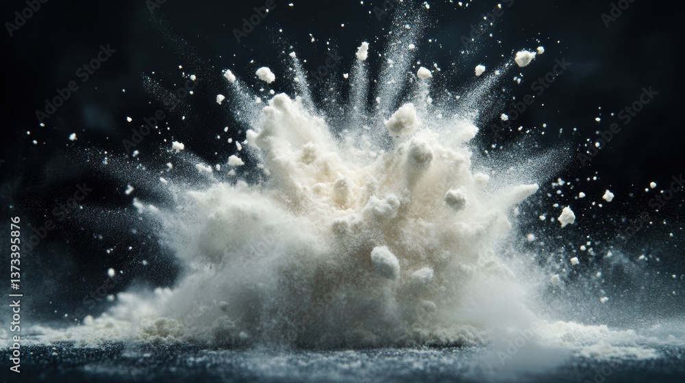 Aufkleber a dramatic explosion of flour creates a cloud-like effect against a dark background, capturing motio