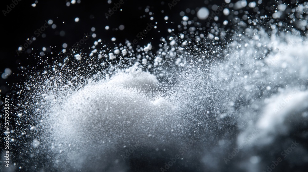 Poster a dynamic splash of fine particles, creating an ethereal and misty effect against a dark background,