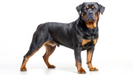 Obraz premium A Powerful Rottweiler Dog Posing Against a Clean White Background, Showing its Muscular Physique and Alert Expression