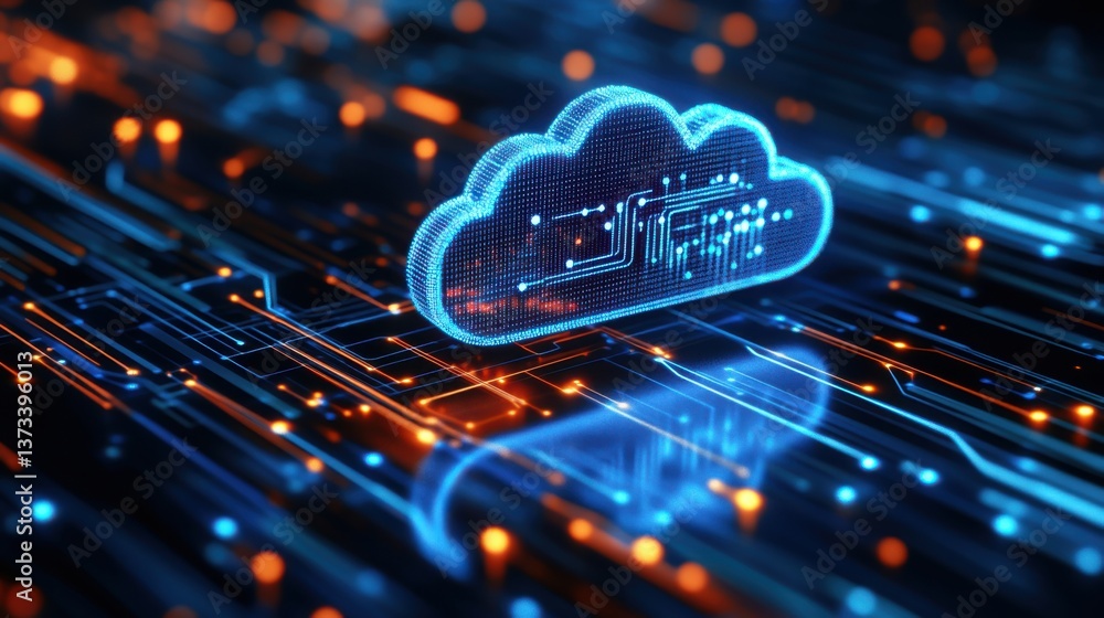 Poster a digital cloud symbol overlaid on a network of glowing lines, representing data connectivity and cl